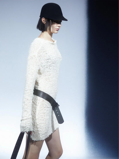 LYUOCHENG Two Tone Raw Edge Mesh Knit Top
