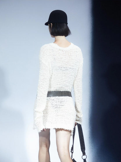 LYUOCHENG Two Tone Raw Edge Mesh Knit Top