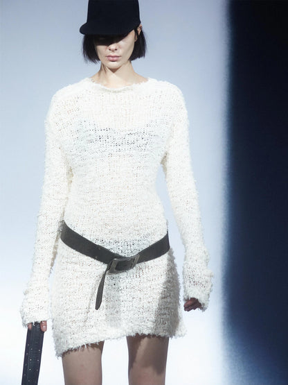 LYUOCHENG Two Tone Raw Edge Mesh Knit Top