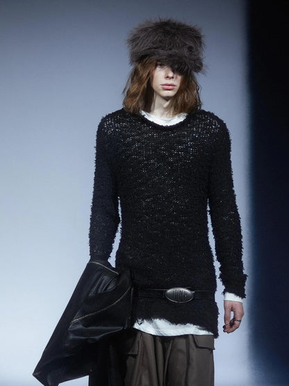 LYUOCHENG Two Tone Raw Edge Mesh Knit Top
