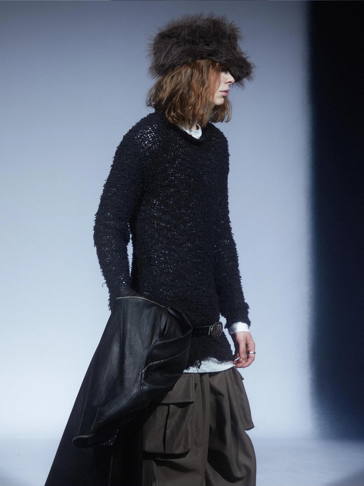 LYUOCHENG Two Tone Raw Edge Mesh Knit Top