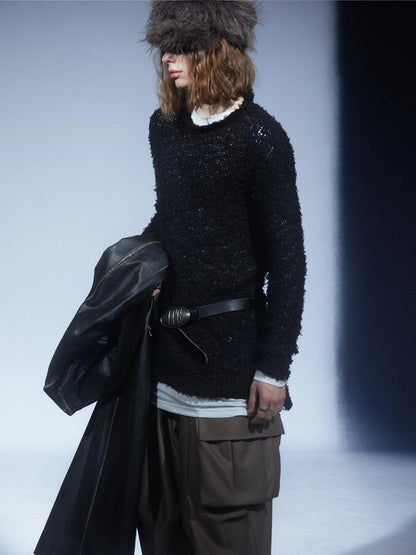LYUOCHENG Two Tone Raw Edge Mesh Knit Top
