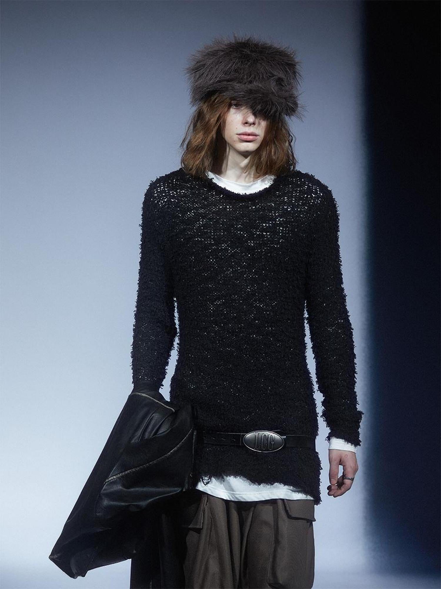 LYUOCHENG Two Tone Raw Edge Mesh Knit Top