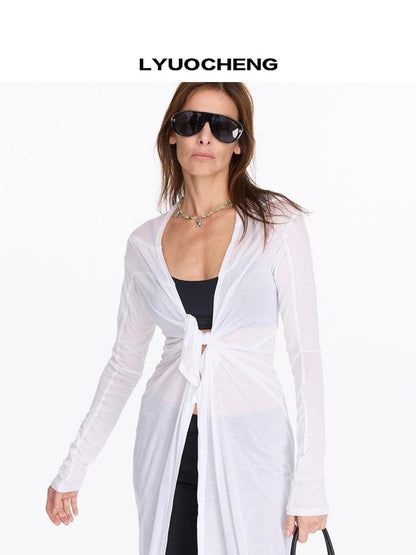 LYUOCHENG V-Neck Long Sleeve Slim Irregular Cooling Dress
