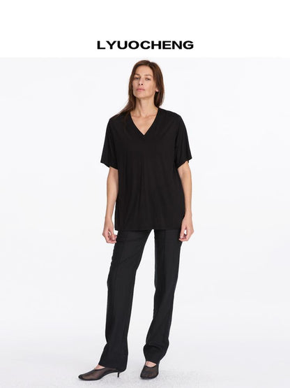LYUOCHENG V-Neck Loose Tee With Cooling Tencel Blend