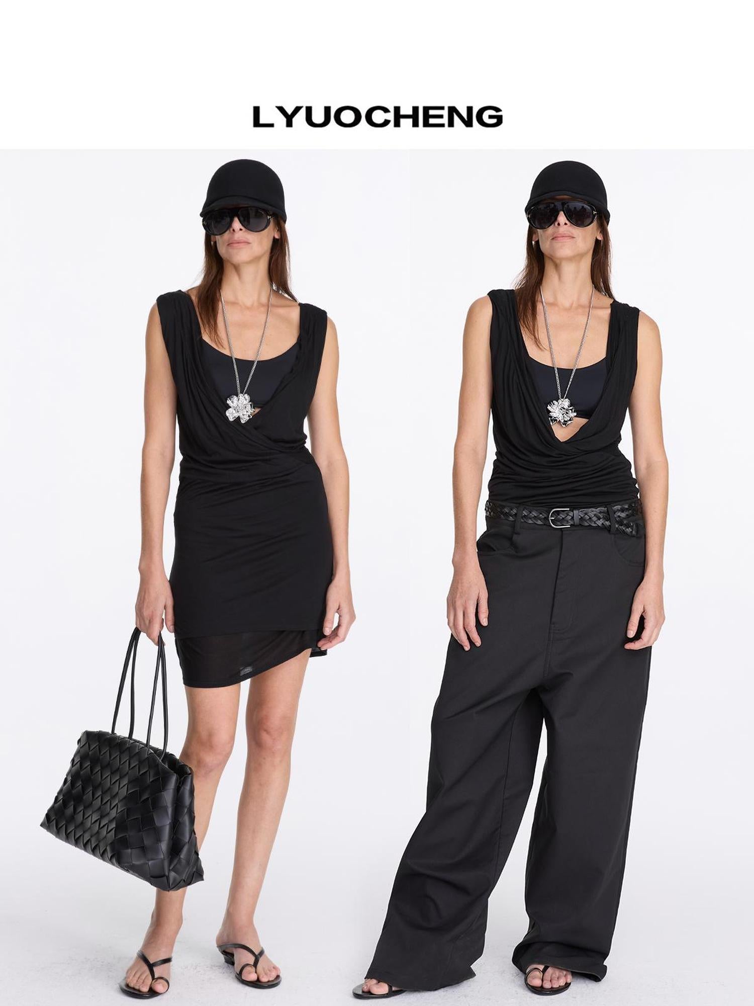LYUOCHENG V-Neck Pleated Tank Top In Tencel
