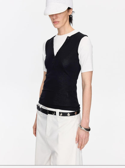 LYUOCHENG V-neck Buttons Racerback Slim Plain Knit Women&