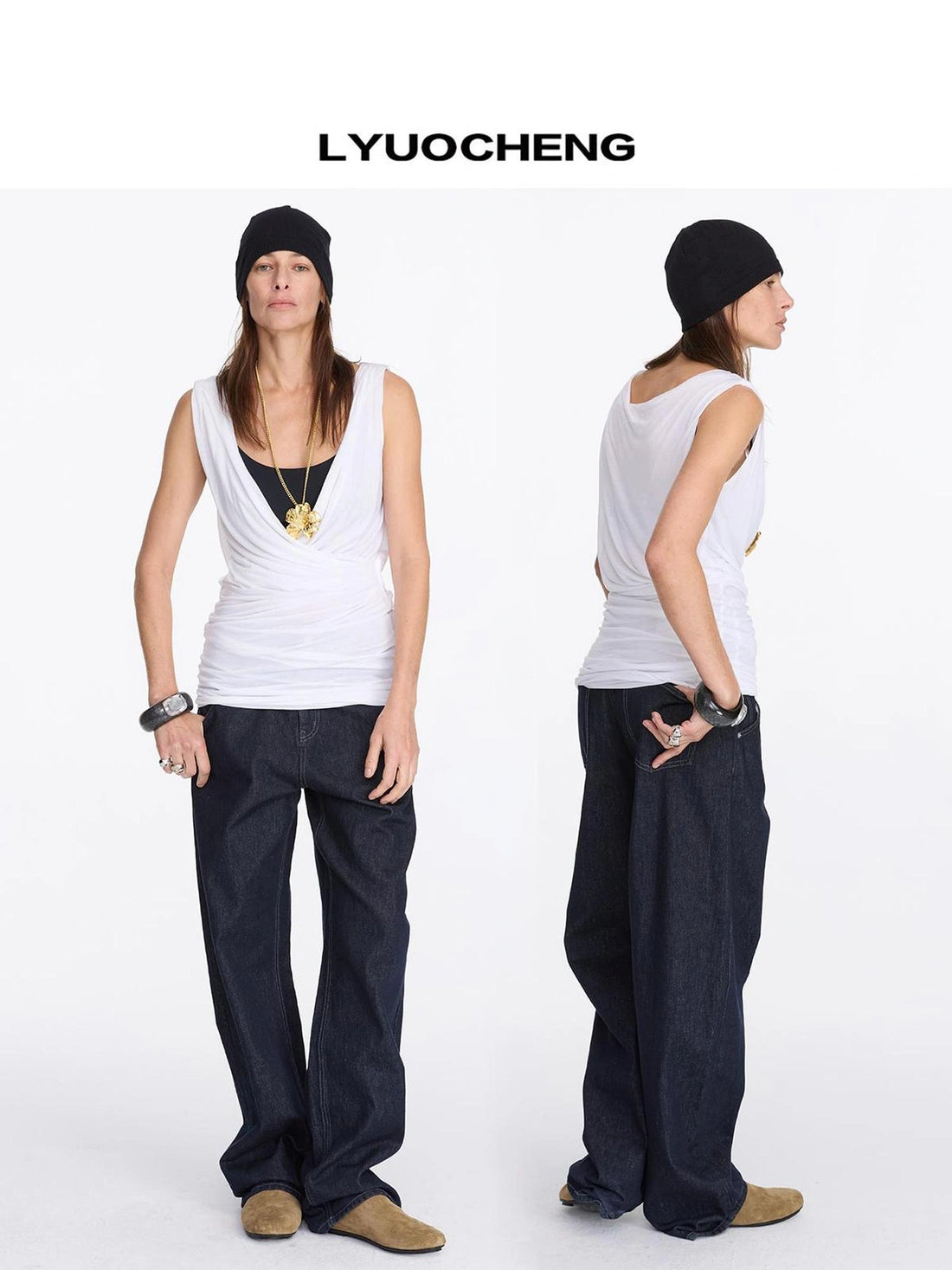 LYUOCHENG V-neck Pleated Tencel Vest