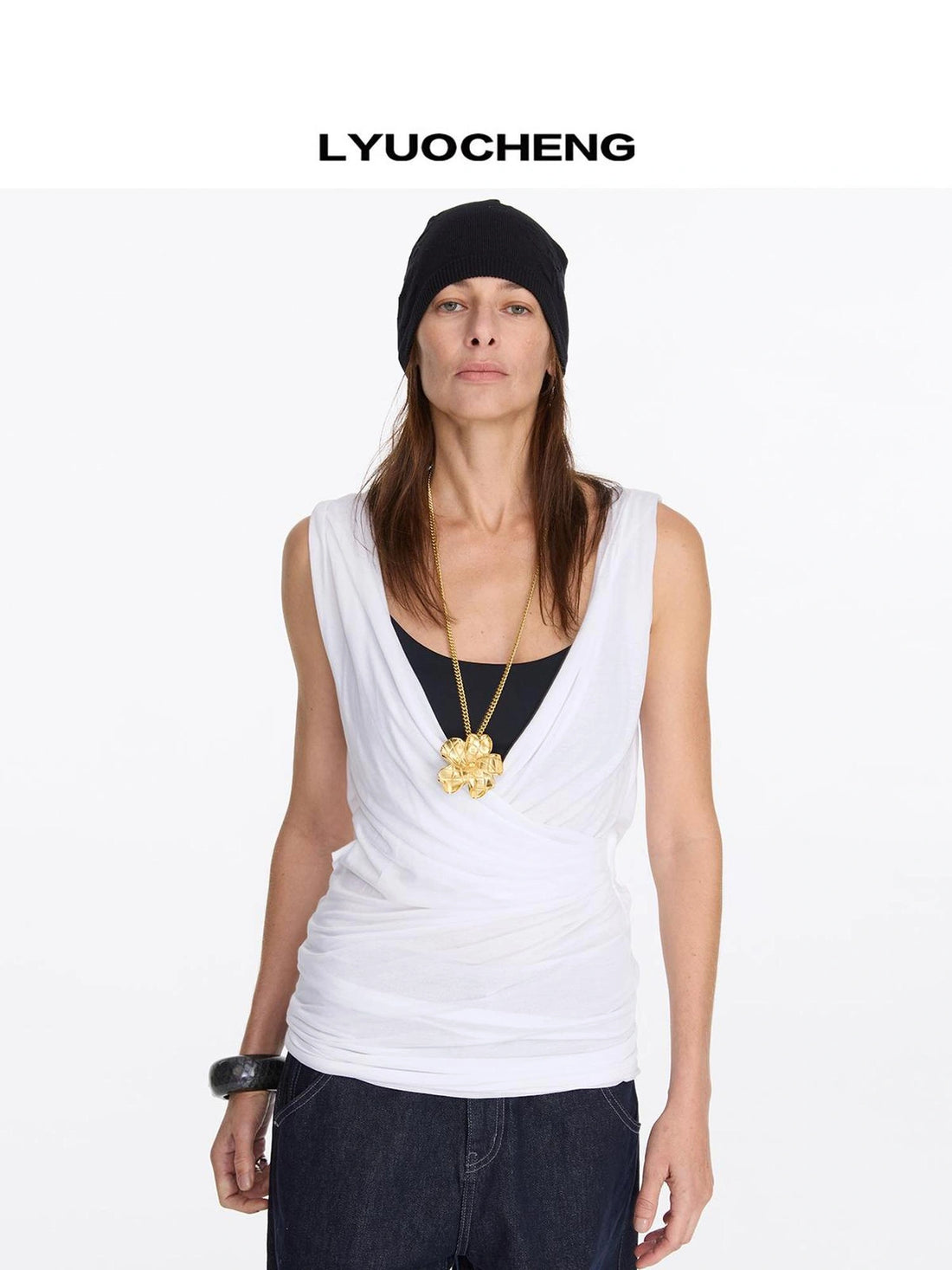 LYUOCHENG V-neck Pleated Tencel Vest