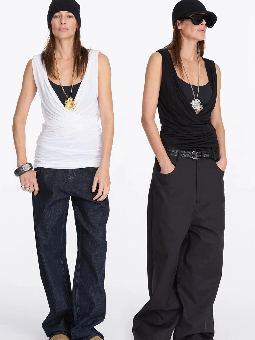 LYUOCHENG V-neck Pleated Tencel Vest