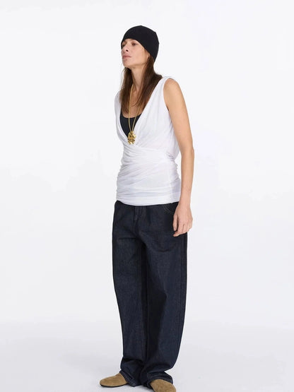 LYUOCHENG V-neck Pleated Tencel Vest