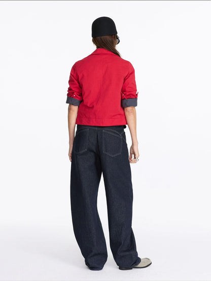 LYUOCHENG Vintage Aluminum Wire Trim Denim Jacket