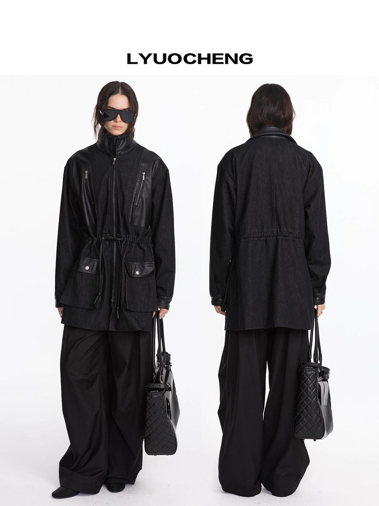 LYUOCHENG Vintage Biker Denim Jacket With Leather Accents