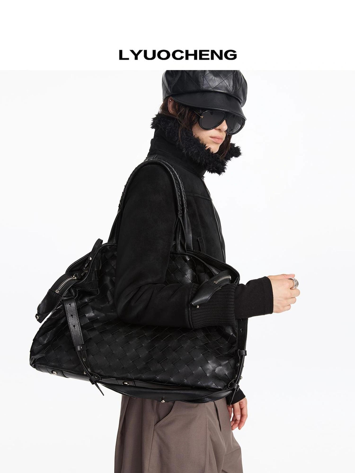 ヴィンテージブラック織りチェッカーボードラージトートバッグ