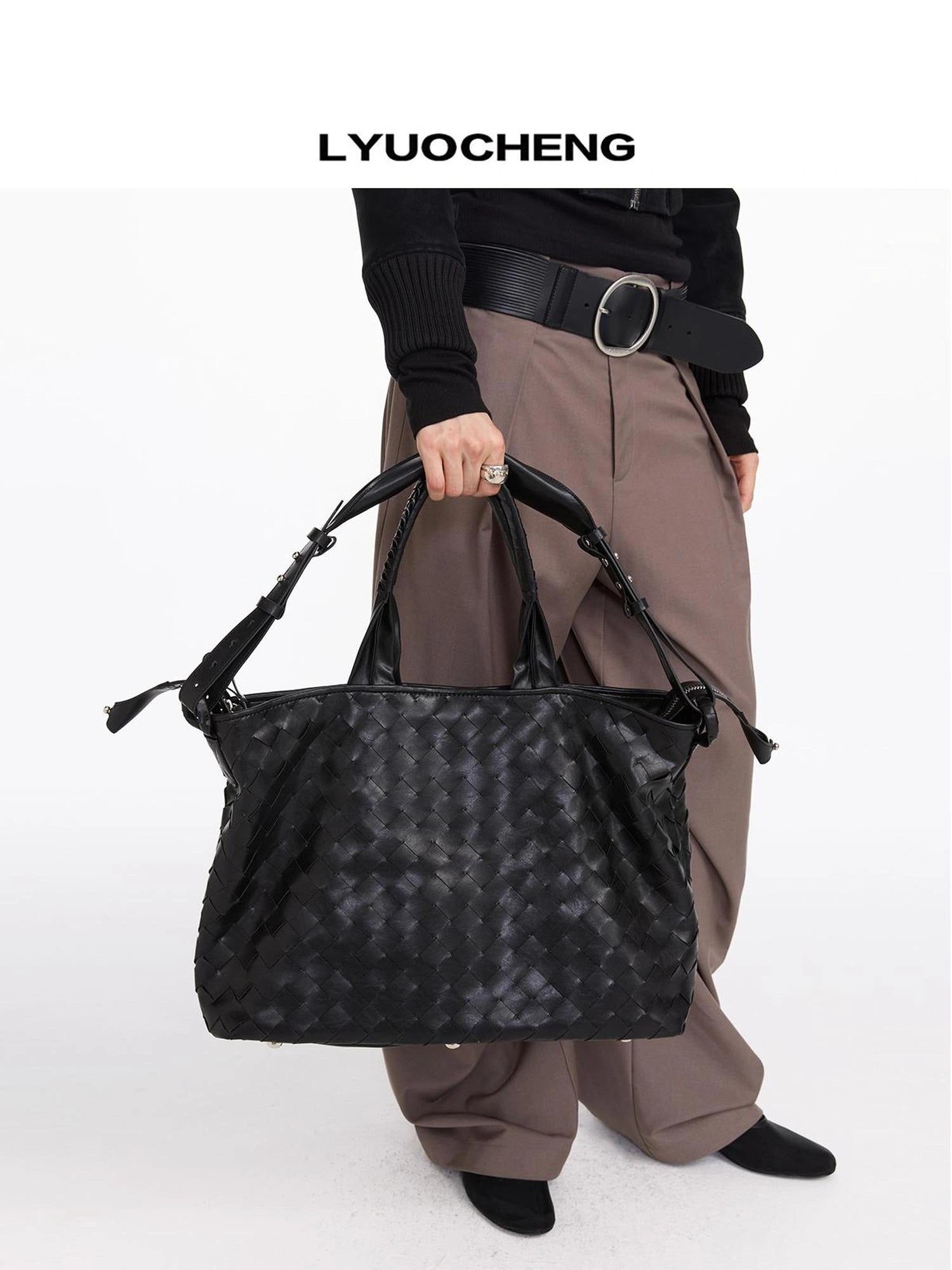 ヴィンテージブラック織りチェッカーボードラージトートバッグ