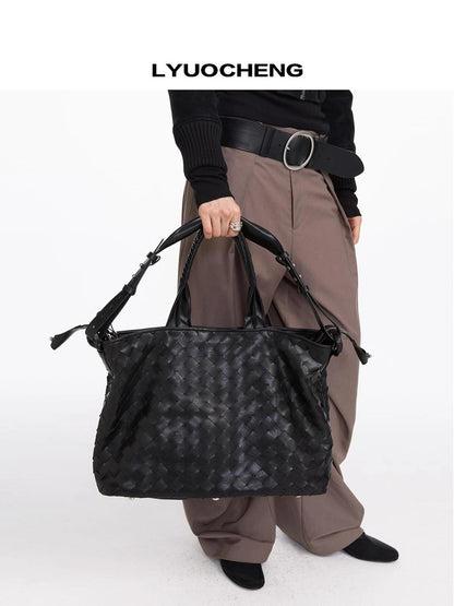 ヴィンテージブラック織りチェッカーボードラージトートバッグ