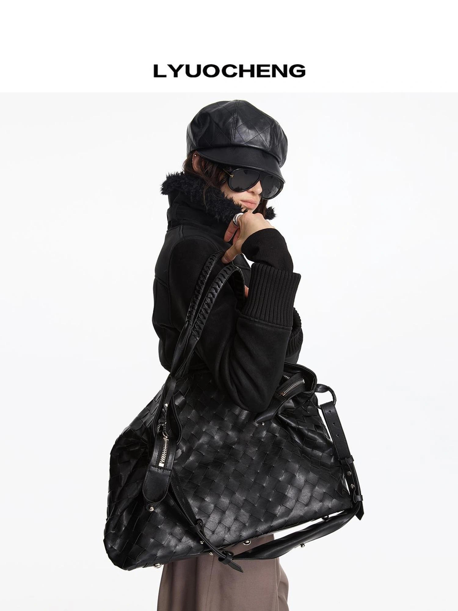 ヴィンテージブラック織りチェッカーボードラージトートバッグ