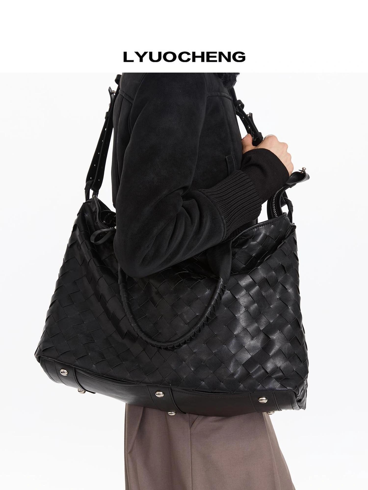 ヴィンテージブラック織りチェッカーボードラージトートバッグ