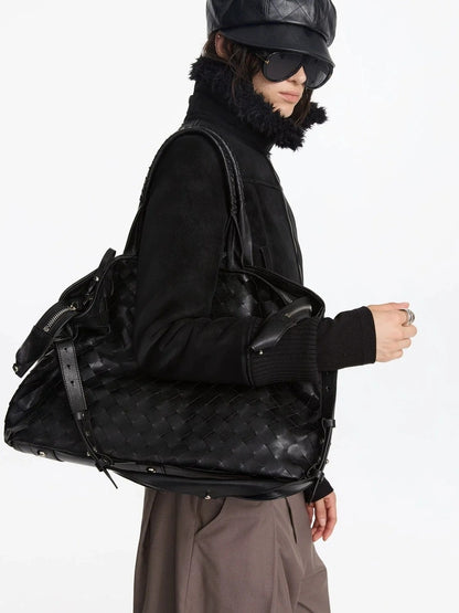 ヴィンテージブラック織りチェッカーボードラージトートバッグ