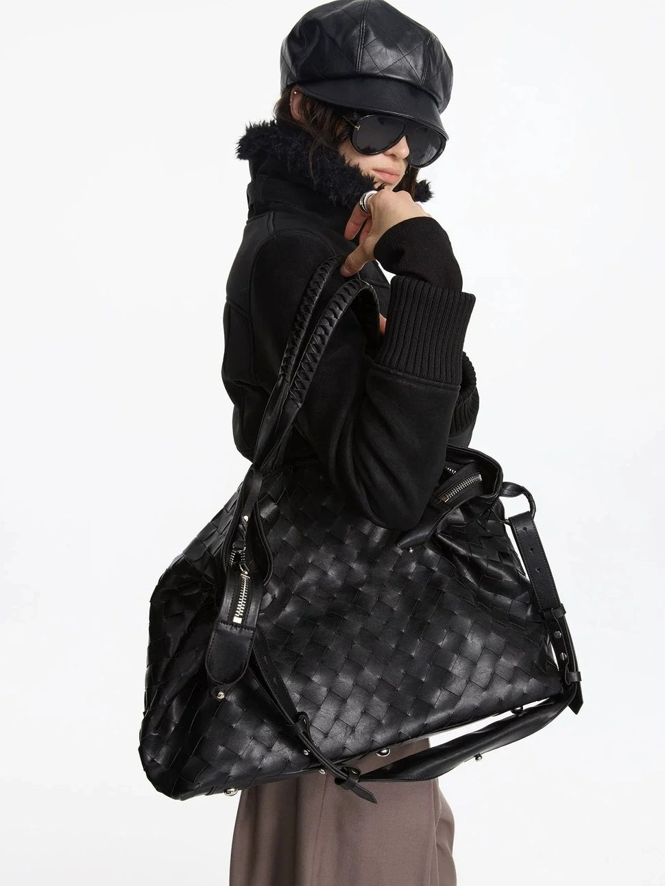 ヴィンテージブラック織りチェッカーボードラージトートバッグ