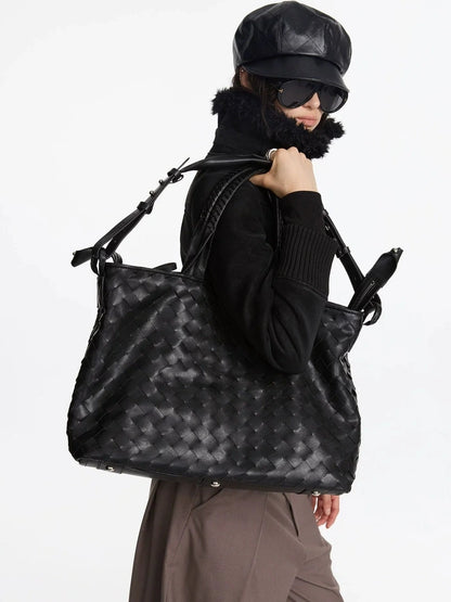 ヴィンテージブラック織りチェッカーボードラージトートバッグ