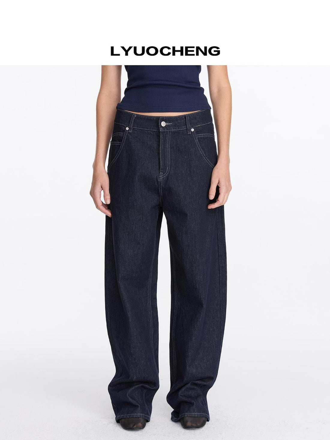 LYUOCHENG Vintage Blue Raw Denim Wide Leg Jeans