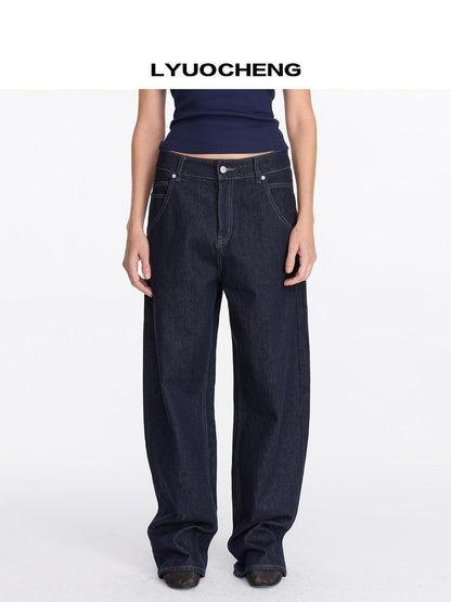 LYUOCHENG Vintage Blue Raw Denim Wide Leg Jeans