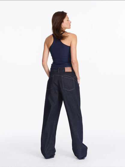 LYUOCHENG Vintage Blue Raw Denim Wide Leg Jeans