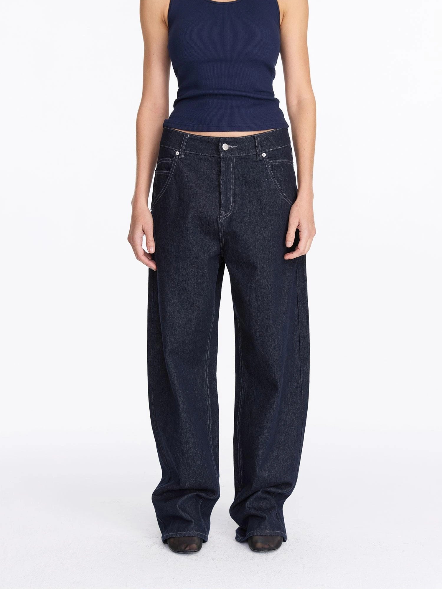 LYUOCHENG Vintage Blue Raw Denim Wide Leg Jeans