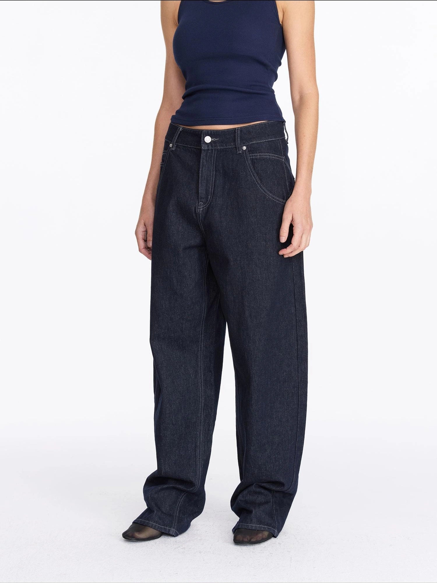 LYUOCHENG Vintage Blue Raw Denim Wide Leg Jeans