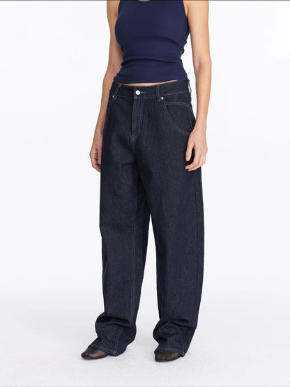 LYUOCHENG Vintage Blue Raw Denim Wide Leg Jeans