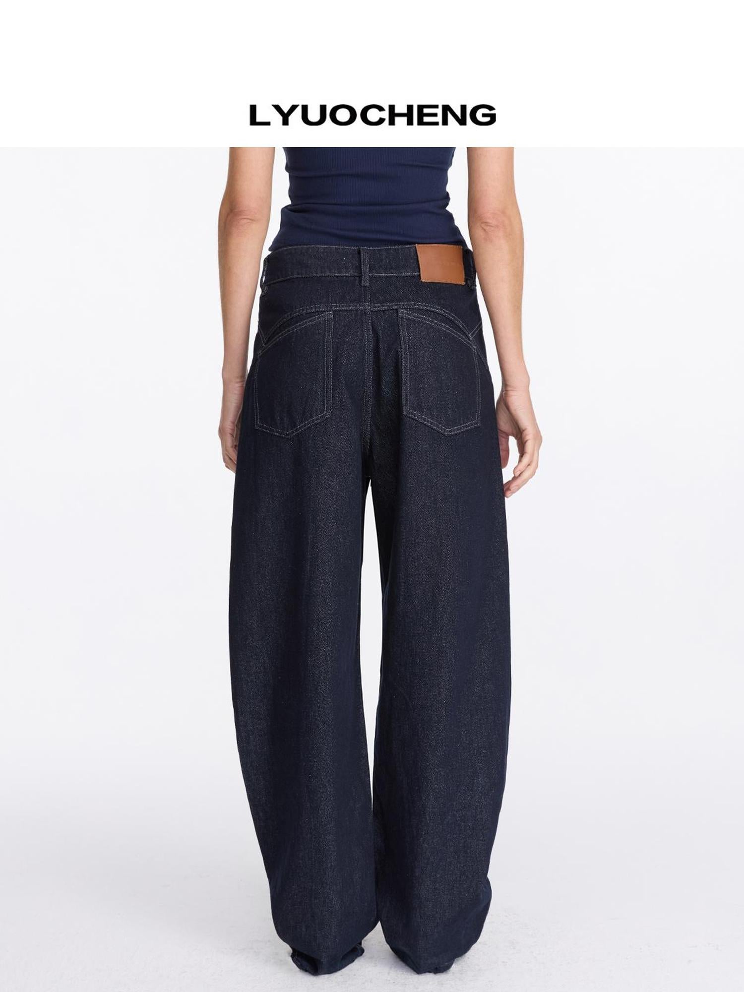 LYUOCHENG Vintage Blue Raw Denim Wide Leg Jeans