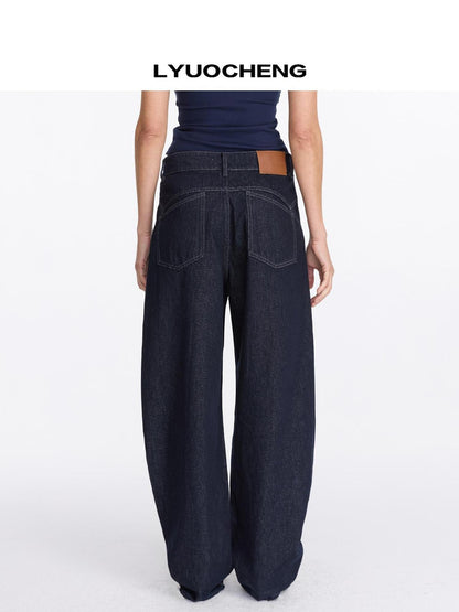 LYUOCHENG Vintage Blue Raw Denim Wide Leg Jeans