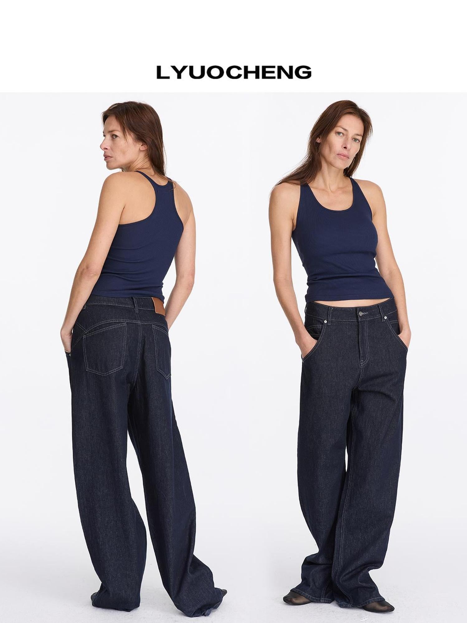 LYUOCHENG Vintage Blue Raw Denim Wide Leg Jeans