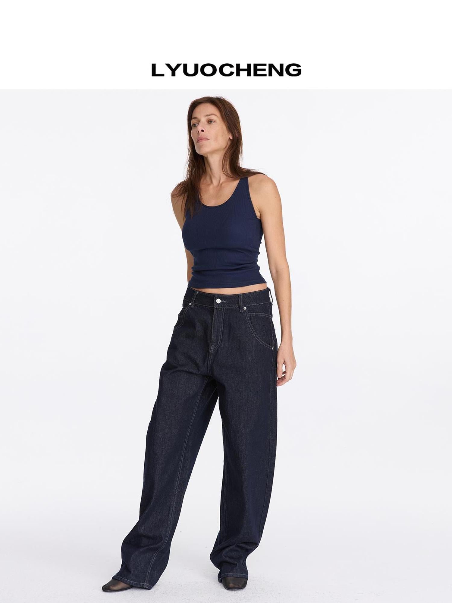 LYUOCHENG Vintage Blue Raw Denim Wide Leg Jeans