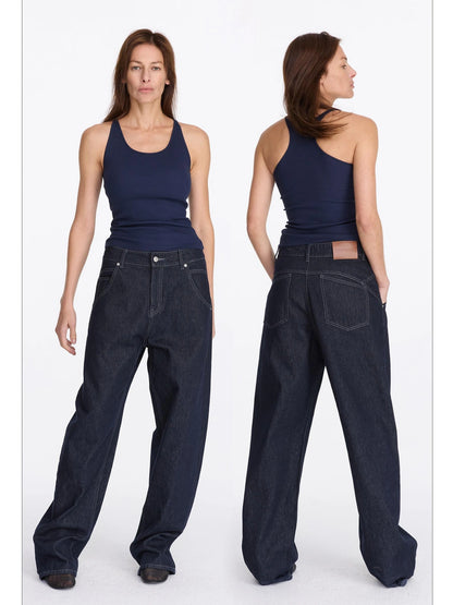 LYUOCHENG Vintage Blue Raw Denim Wide Leg Jeans