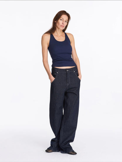 LYUOCHENG Vintage Blue Raw Denim Wide Leg Jeans