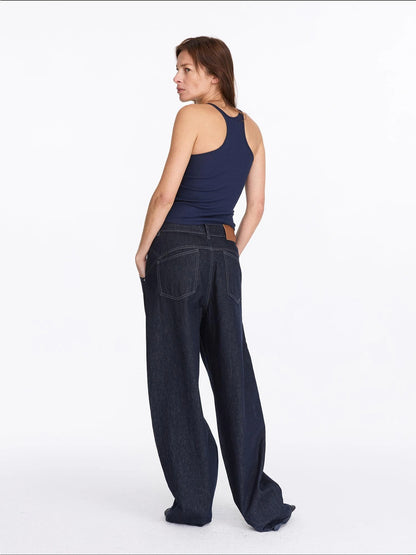LYUOCHENG Vintage Blue Raw Denim Wide Leg Jeans
