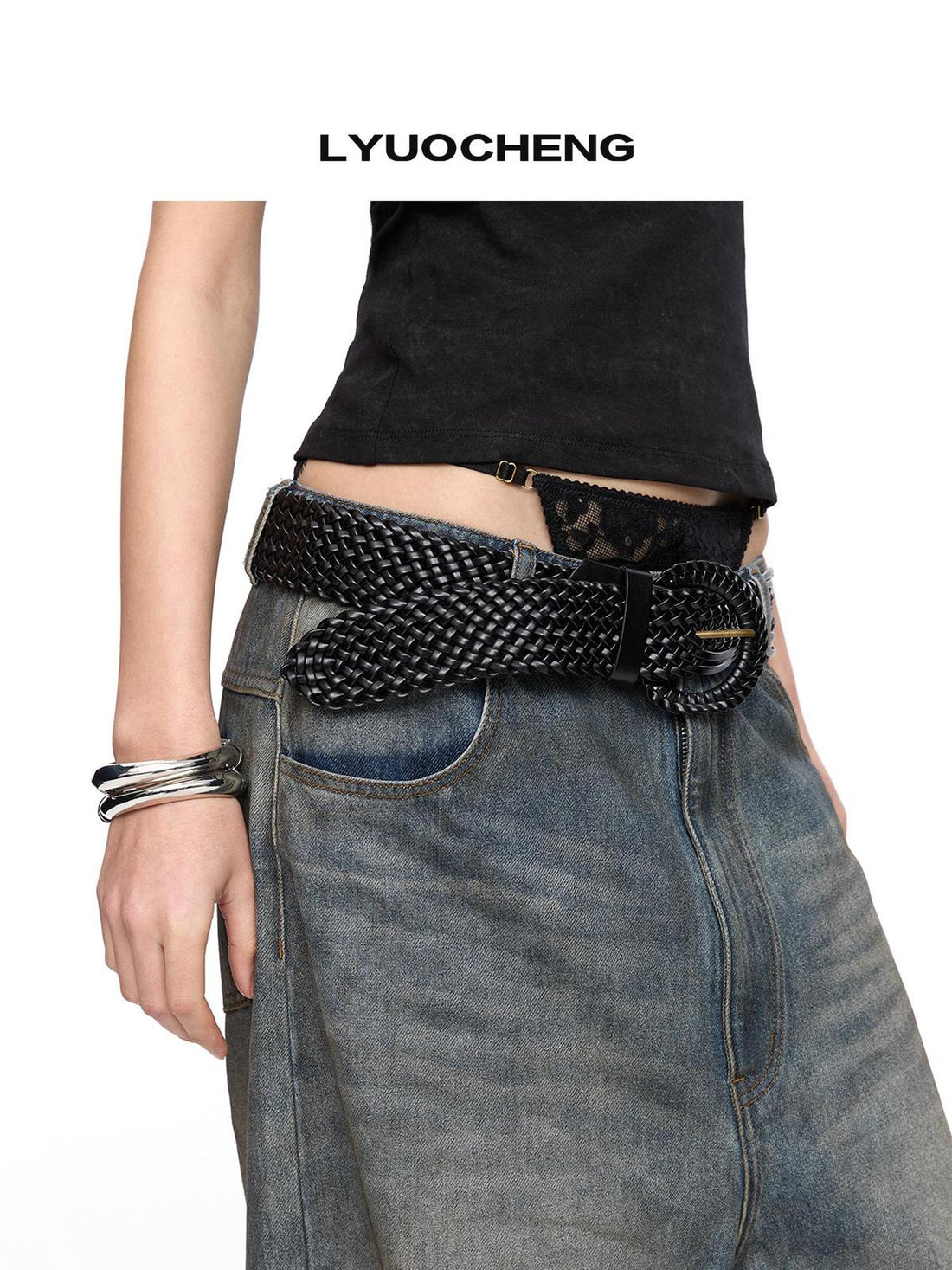 LYUOCHENG Vintage Bronze Buckle Woven PU Belt