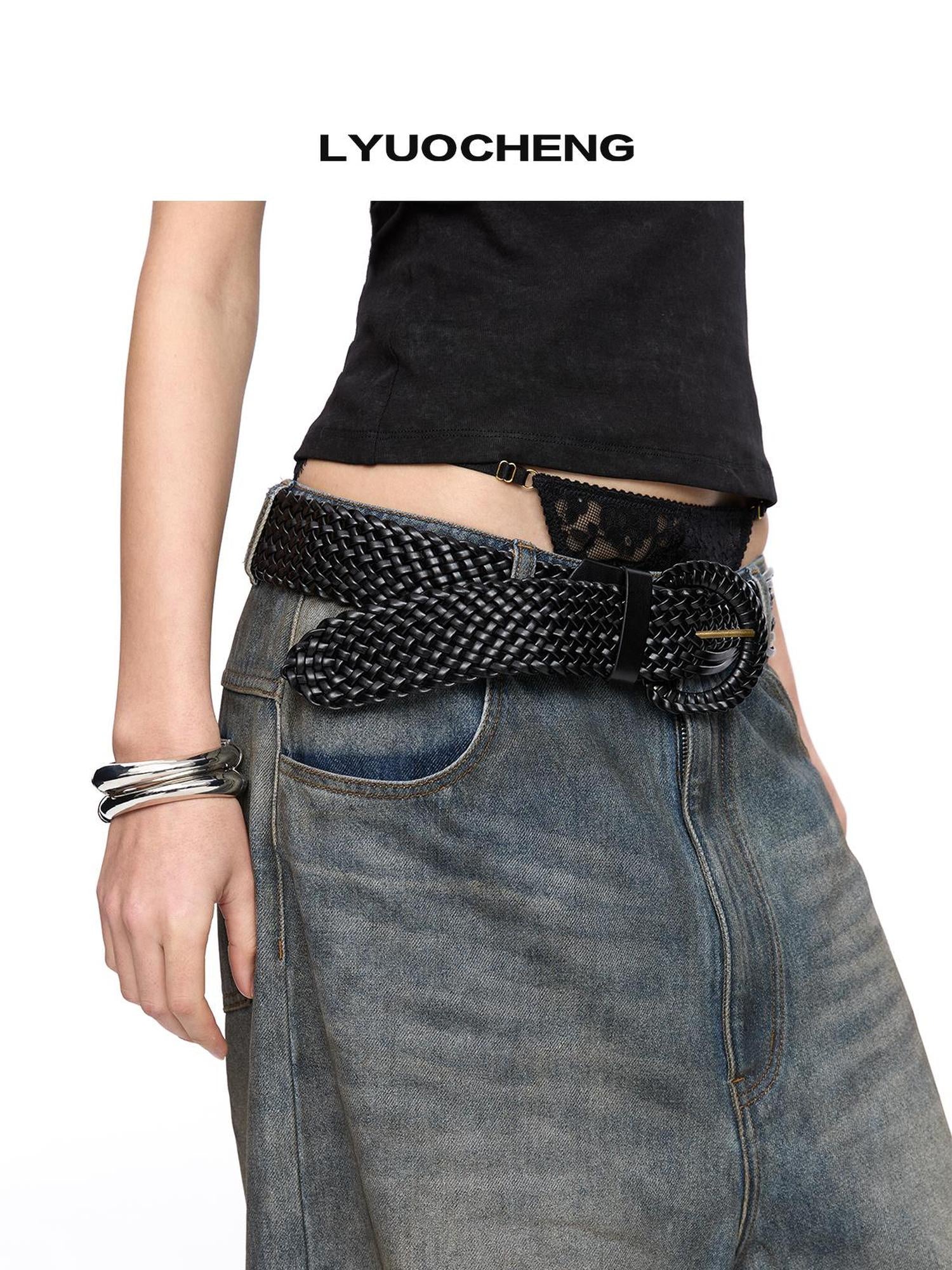 LYUOCHENG Vintage Bronze Buckle Woven PU Belt
