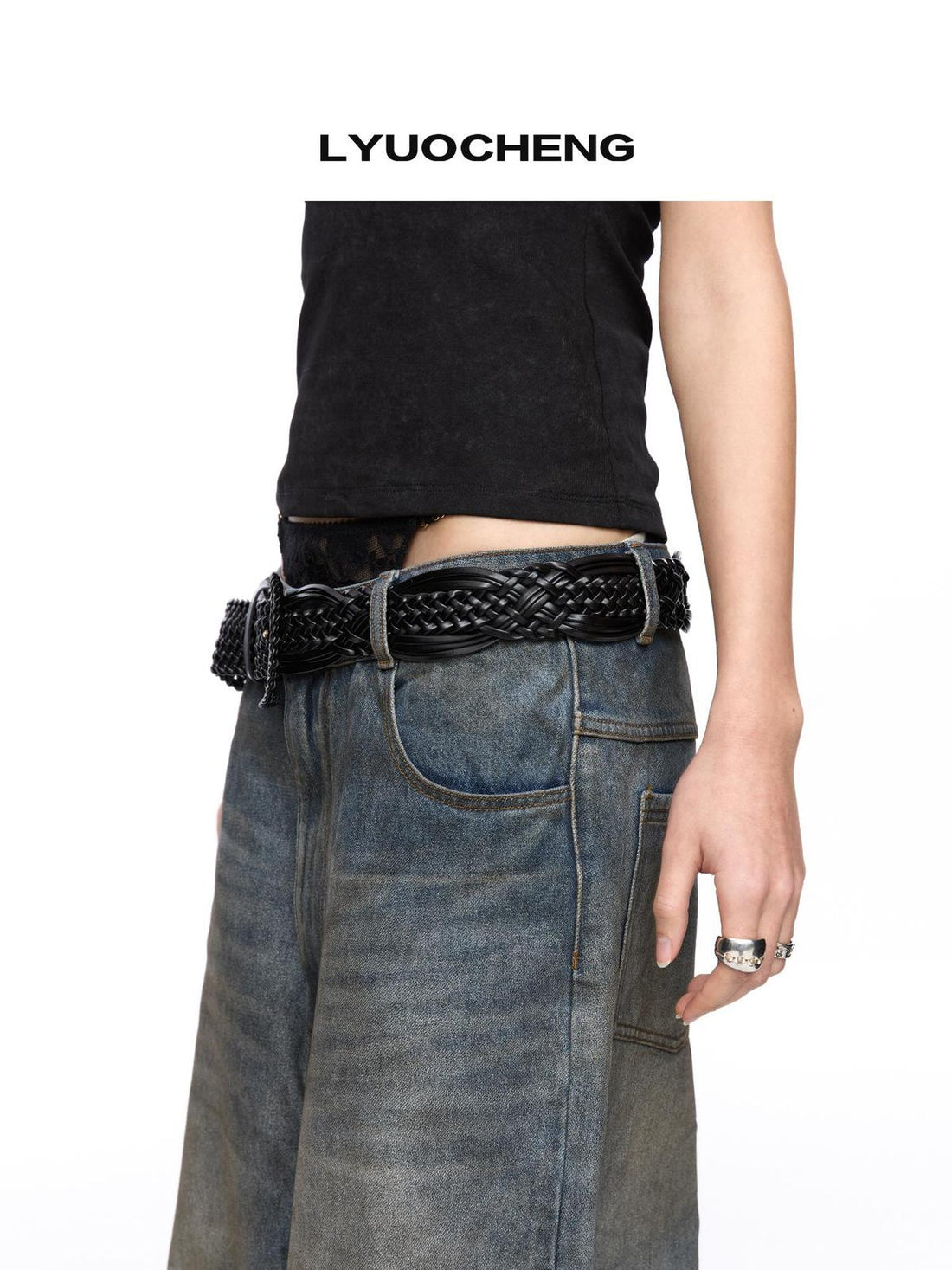 LYUOCHENG Vintage Bronze Buckle Woven PU Belt