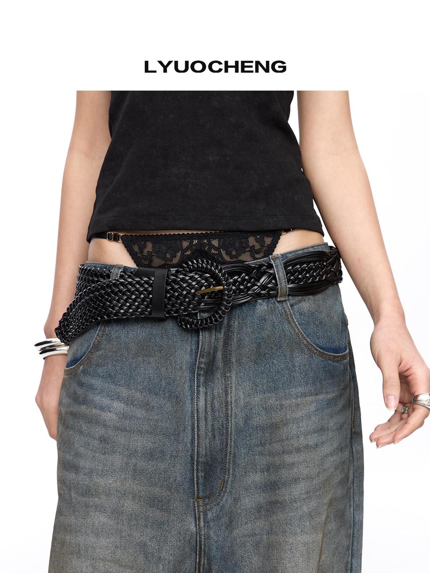 LYUOCHENG Vintage Bronze Buckle Woven PU Belt