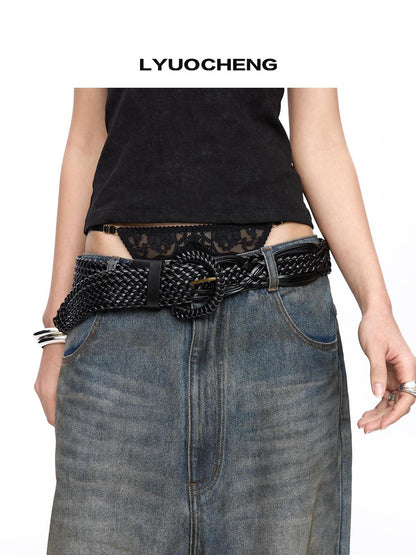 LYUOCHENG Vintage Bronze Buckle Woven PU Belt