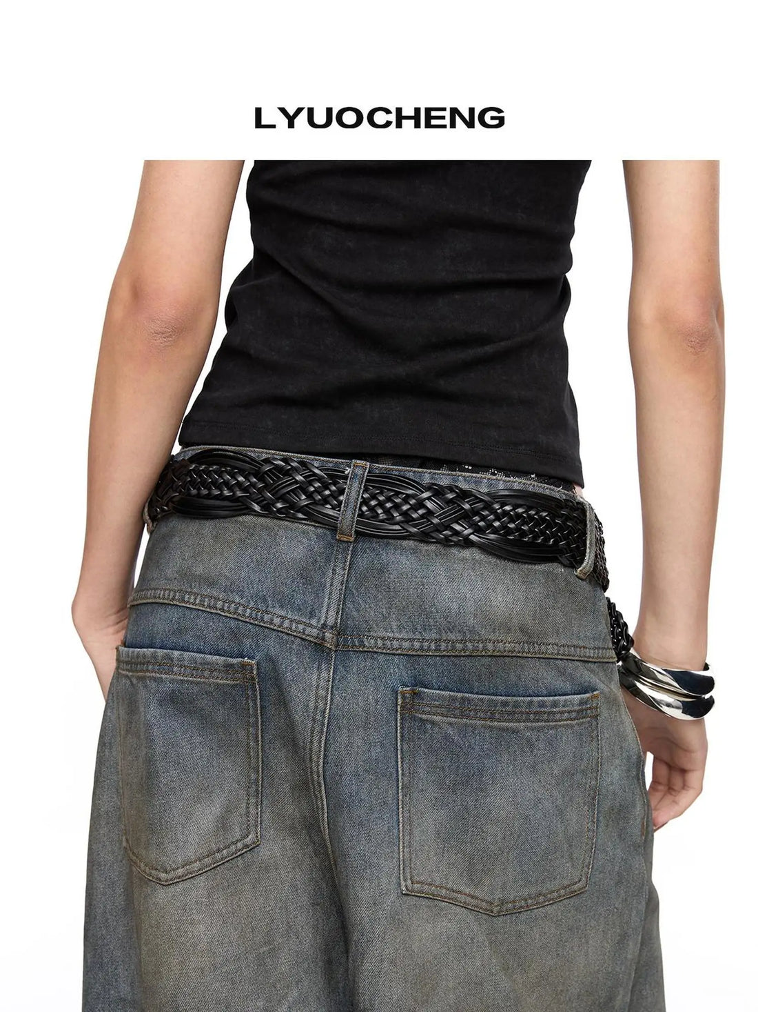 LYUOCHENG Vintage Bronze Buckle Woven Pu Belt