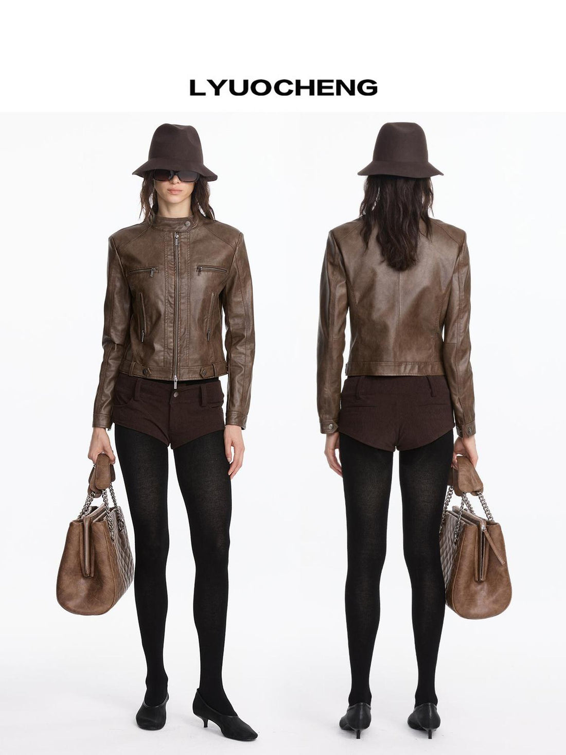 LYUOCHENG Vintage Brown Motorcycle Jacket With Wide Shoulder