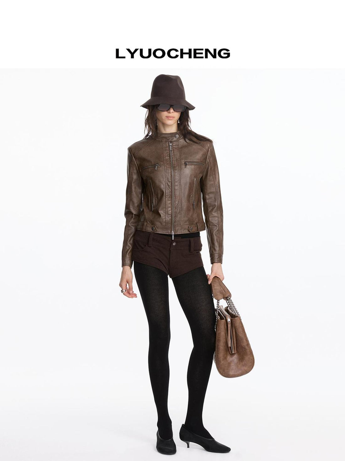 LYUOCHENG Vintage Brown Motorcycle Jacket With Wide Shoulder