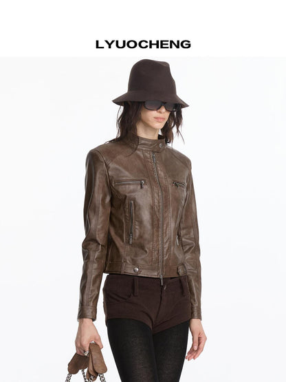 LYUOCHENG Vintage Brown Motorcycle Jacket With Wide Shoulder