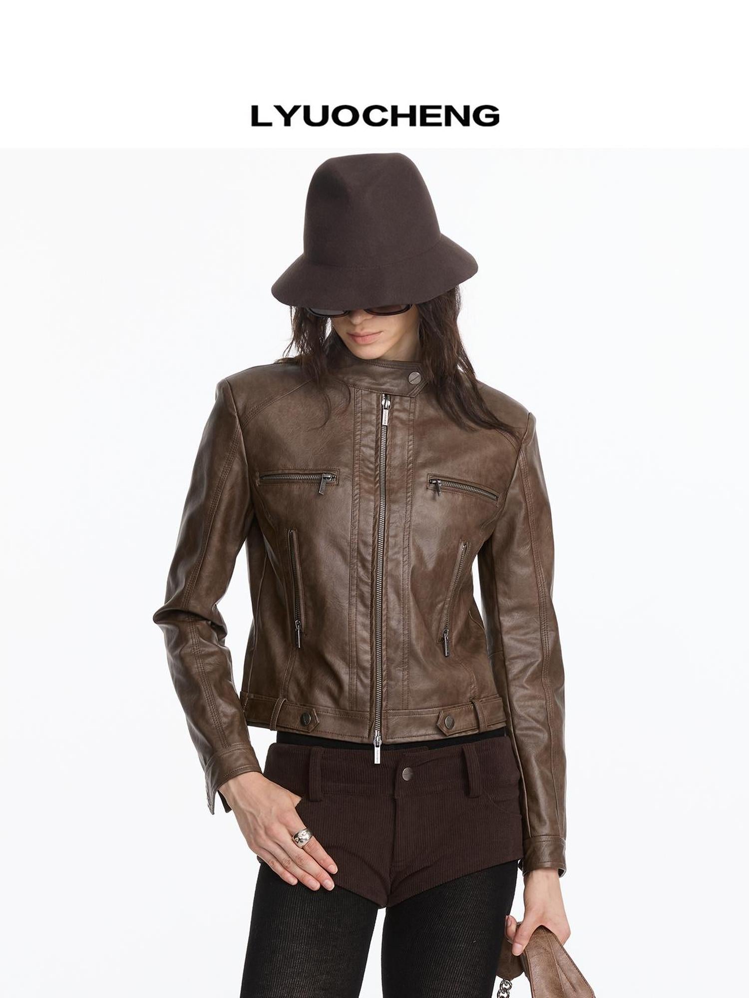 LYUOCHENG Vintage Brown Motorcycle Jacket With Wide Shoulder