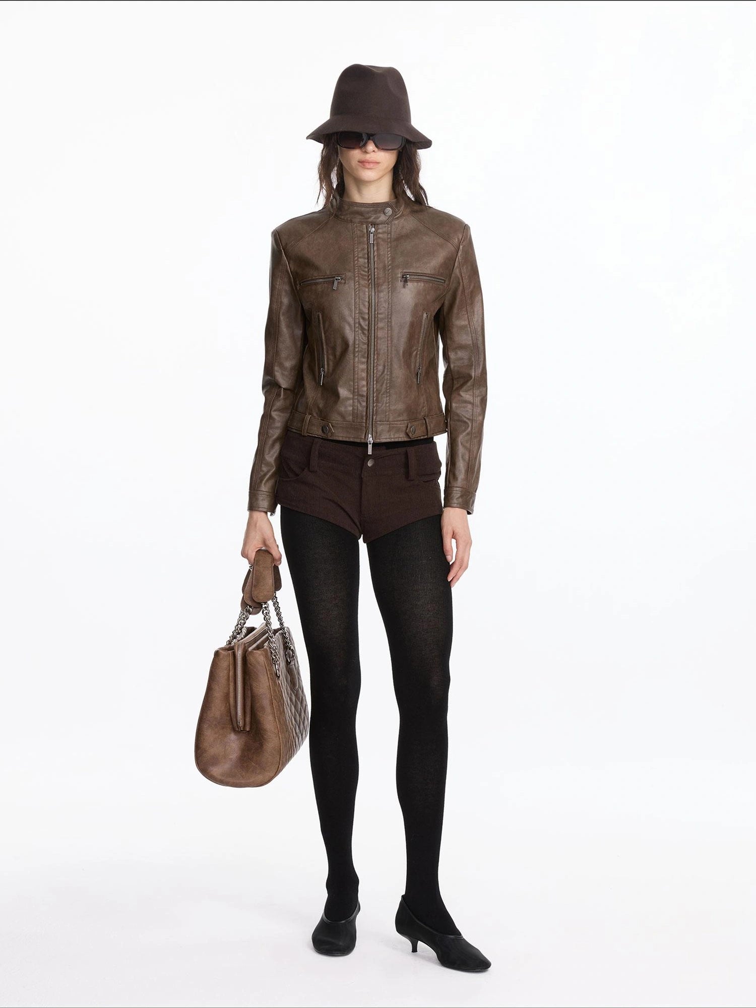 LYUOCHENG Vintage Brown Motorcycle Jacket With Wide Shoulder