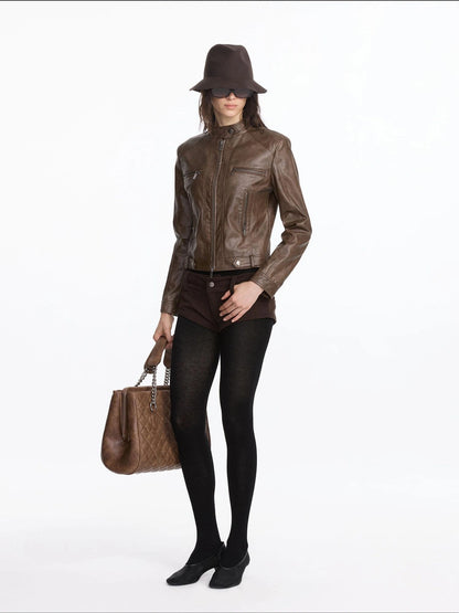 LYUOCHENG Vintage Brown Motorcycle Jacket With Wide Shoulder